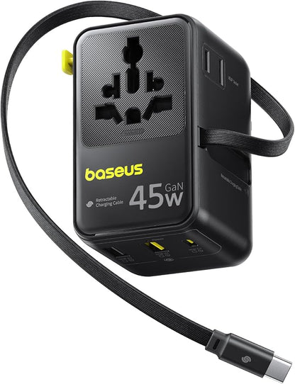 Baseus 45W European Travel Plug Adapter, 6-in-1 Universal Power Adapter with USB-C Retractable Cable, PD Fast Charging GaN International Travel Essentials for Over 200 Countries - Picogo AG11