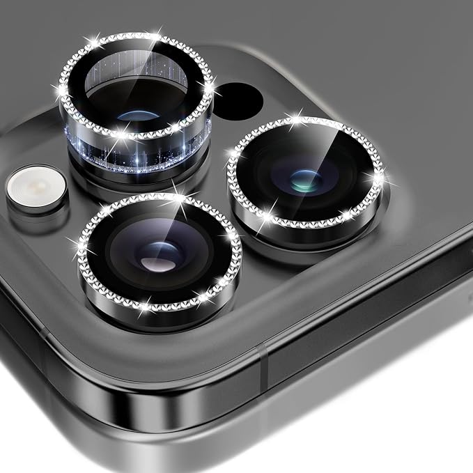 GolbinBox Camera Lens Protector for iPhone 14 Pro/14 Pro Max, 1:1 Invisible Fit, 9H Tempered Glass Ultra HD Metal Individual Camera Cover for Women, Case Friendly, Bling/Black