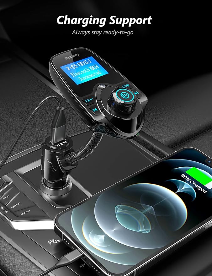 Nulaxy KM18 Bluetooth 5.4 Car Adapter with 1.44" Clear Display & Flexible Gooseneck - FM Radio Transmitter & Bluetooth Receiver for Hands-Free Calls, Wireless Music via BT/FM/AUX/TF, USB Car Charger