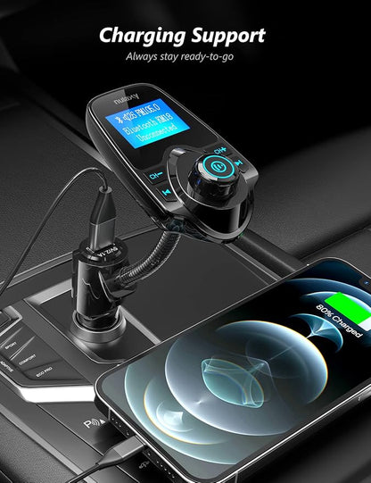 Nulaxy KM18 Bluetooth 5.4 Car Adapter with 1.44" Clear Display & Flexible Gooseneck - FM Radio Transmitter & Bluetooth Receiver for Hands-Free Calls, Wireless Music via BT/FM/AUX/TF, USB Car Charger