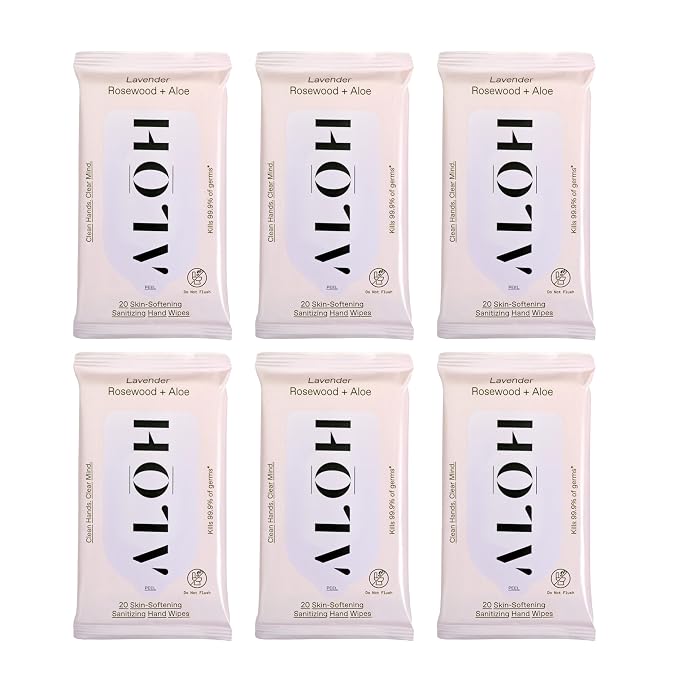 ALŌH Lavender Rosewood + Aloe Sanitizing Hand Wipes - Clean Hands, Clear Mind - On The Go Hand Sanitizer Wipes for Kids and Adults - Travel Size 6 Pack, 20ct (120 wipe)