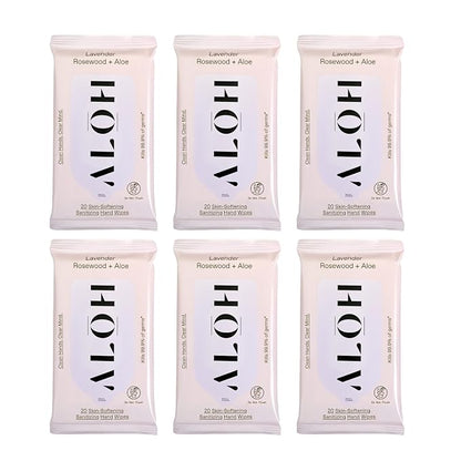 ALŌH Lavender Rosewood + Aloe Sanitizing Hand Wipes - Clean Hands, Clear Mind - On The Go Hand Sanitizer Wipes for Kids and Adults - Travel Size 6 Pack, 20ct (120 wipe)