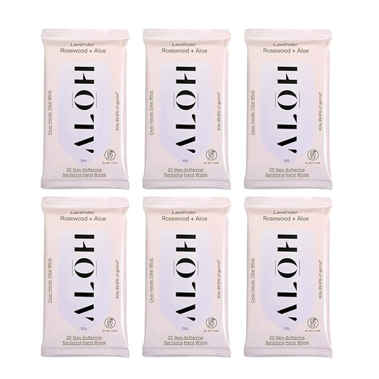 ALŌH Lavender Rosewood + Aloe Sanitizing Hand Wipes - Clean Hands, Clear Mind - On The Go Hand Sanitizer Wipes for Kids and Adults - Travel Size 6 Pack, 20ct (120 wipe)