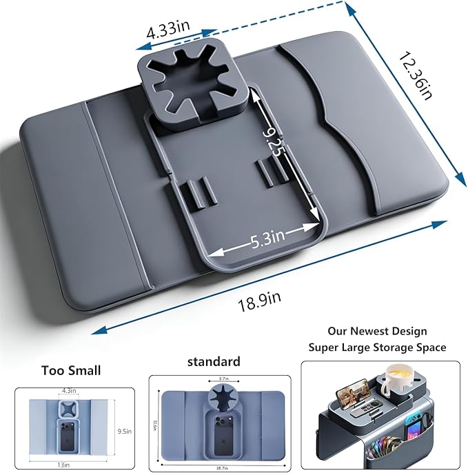 Silicone Couch Cup Holder for Tablet & Phone Stand, Sofa Arm Tray Organizer with Dual Side Pockets for Remotes Snacks Headphones & Glasses Drinks Anti-Slip & Heat Resistant Sofa Caddy (Gray)