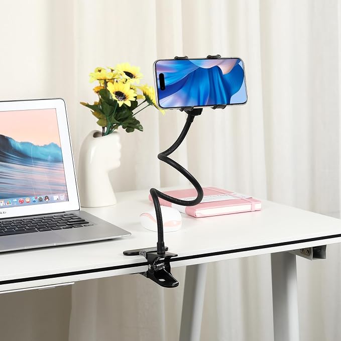 Gooseneck Phone Holder, 360° Adjustable Lazy Bracket, Universal Mobile Phone Stand, DIY Flexible Long Arm Gooseneck Phone Mounts for Bed/Desk, Compatible with All Cellphone (3.5-7”) (Black)