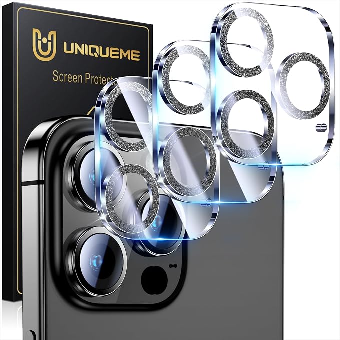 UniqueMe for 3 Pack iPhone 15 Pro/iPhone 15 Pro Max Camera Lens Protector, [Drop Protection] [Case Friendly] 9H Tempered Glass Camera Cover Screen [Update New Version] - Glitter Black