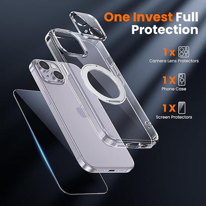 3 in 1 for iPhone 14 Case Stand |Build in Kickstand,Screen Protector *1 & Camera Lens Protector*1, Not Yellowing, Fits MagSafe, Military-Grade Protection