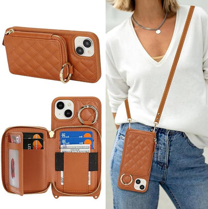 Crossbody Wallet Case for iPhone 14 Plus, PU Leather Zipper Handbag Purse Flip Cover, Kickstand Folio Case with Card Slots Holder Wrist Strap Lanyard 5G 6.7 Inch-Brown