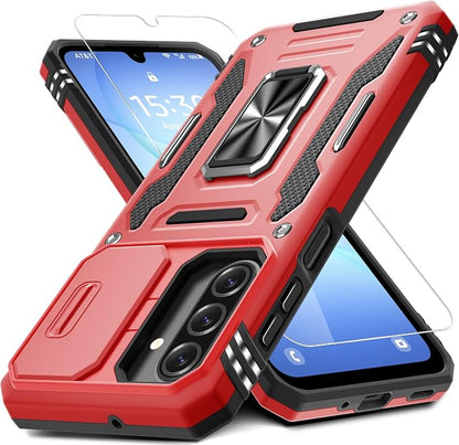 DEERLAMN Case for Samsung Galaxy A17 5G with Slide Camera Cover+Screen Protector (1 Pack), Rotated Ring Kickstand Military Grade Shockproof Protective Cover-Red