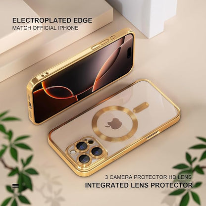 Misea Magnetic for iPhone 16 Pro Max Case Compatible with MagSafe [Never Yellowing] [Military Grade Drop Protection] Full Camera Lens Protector Plating Soft Clear Phone Case for Women 6.9", Gold