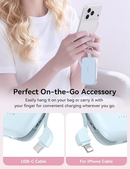RORRY Portable Charger, 10000mAh PD 30W Fast Charging Portable Charger Power Bank with Built-in Cables, Travel Keychain Charger Battery Pack for iPhone 17/16/15/14/13/12, for AirPods 2/3/4/Pro, Blue