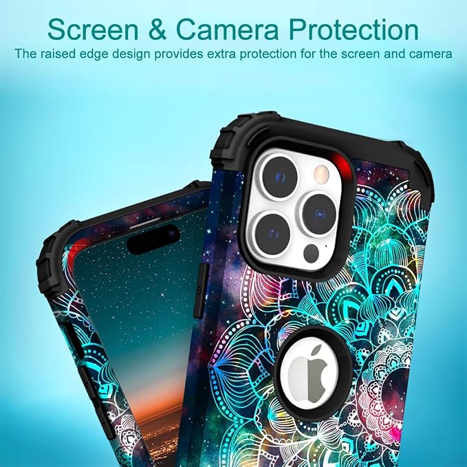 Hocase for iPhone 15 Pro Case, Heavy Duty Shockproof Protection Soft Silicone Rubber Bumper+Hard Plastic Hybrid Protective Case for iPhone 15 Pro 6.1" 2023 - Mandala in Galaxy