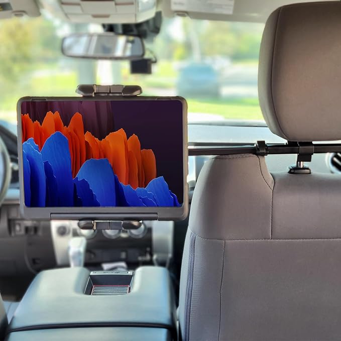 Cellet Car Headrest Phone Holder & Tablet Mount for Back Seat Adjustable 10" Cradle Compatible for iPad Pro Air Mini iPhone 13 Pro Max Mini 12 SE Galaxy S21 S20 Note 20 Tabs Kindle Fire HD - Black