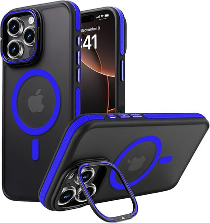 Magnetic case for iPhone 16 Pro [10Ft Military-Grade Protection] Built-in Camera Stand Phone case, Compatible with fit MagSafe Shockproof Slim Thin Cover 6.3 inch,Blue Bumper Stand