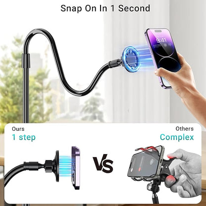 Magnetic Gooseneck Phone Holder for Bed Laying Down, Height Adjustable Bedside Floor Stand with Flexible Arm for iPhone Tiktok Scrolling, Headboard Phone Mount for Reading