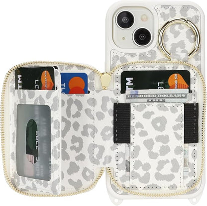 Crossbody Wallet Case for iPhone 14, PU Leather Zipper Handbag Purse Flip Cover, Kickstand Folio Case with Card Slots Holder Wrist Strap Lanyard 5G 6.1 Inch-White Leopard