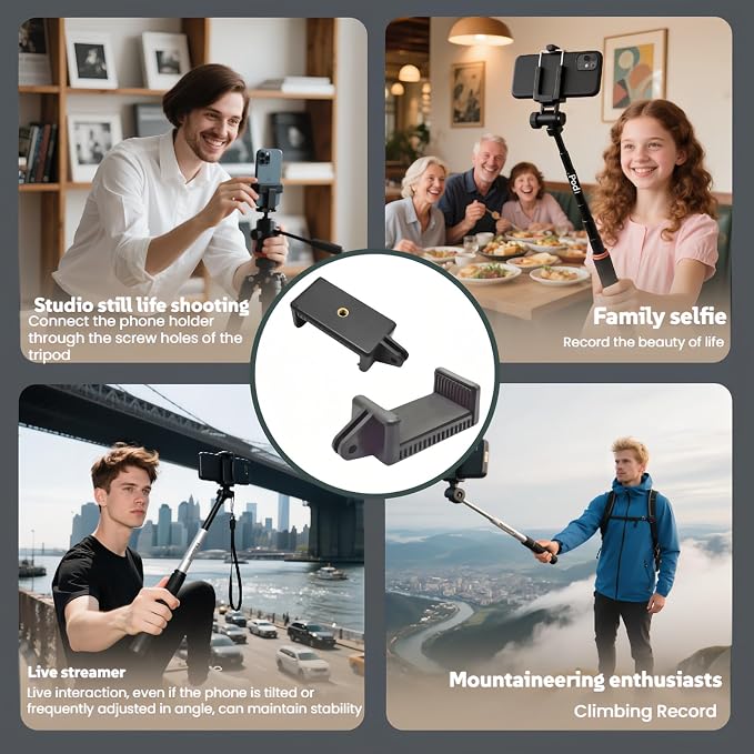 All Phone Holder – No Tools Needed! Spring Clamp Fits 55-85mm Phones, Sturdy E-Base for Car Rides, Zoom Calls & Outdoor Filming 360° Adjustable, Soft TPU Padding | Gym, Travel, Studio