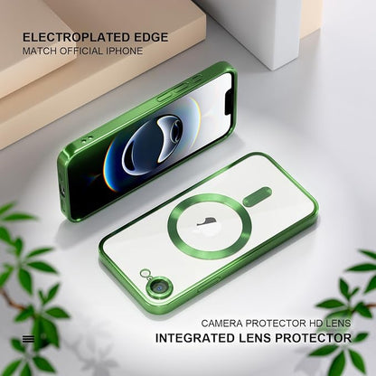 Misea Magnetic for iPhone 17e / 16e Case Compatible with MagSafe [Never Yellowing] [Military Grade Drop Protection] Full Camera Lens Protector Plating Soft Clear Phone Case for Women 6.1 inch, Green