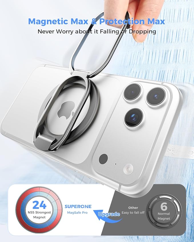 [2025 Upgraded] Mag Safe Phone Ring Holder, SUPERONE Adjustable Magnetic Kickstand & Removable Phone Grip Compatible with Wireless Charging Only for iPhone 17 &16 & 15 & 14 & 13 & 12 Series - Black