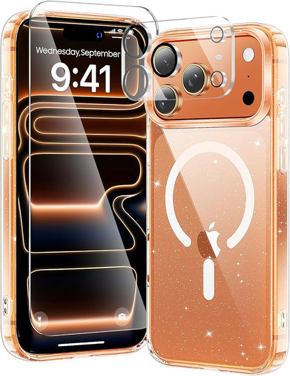 3 in 1 for iPhone 17 Pro Max Case Clear Glitter,Fits MagSafe, Not Yellowing, Screen Protector*1 Camera Lens Protector*1, Military-Grade Protection for Phone Cover 6.9 inch