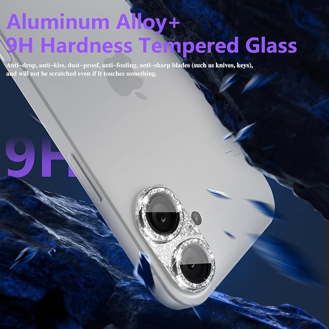 Camera Lens Protector for iPhone 16/iPhone 16 Plus, Bling Glitter Camera Cover with 9H Tempered Glass Metal Ring, Anti-Scratch Lens Protector for iPhone 16/iPhone 16 Plus (Glitter - Silver)