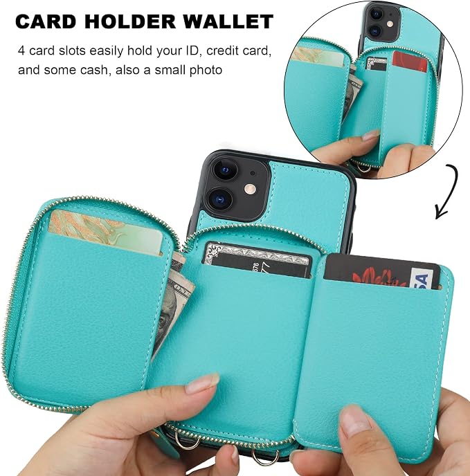 Bocasal RFID Blocking Wallet Case for iPhone 11, Adjustable Crossbody Zipper Purse Case Card Holder with Kickstand Detachable Wrist Strap, PU Leather Flip Folio Case 6.1 Inch (Mint Green)