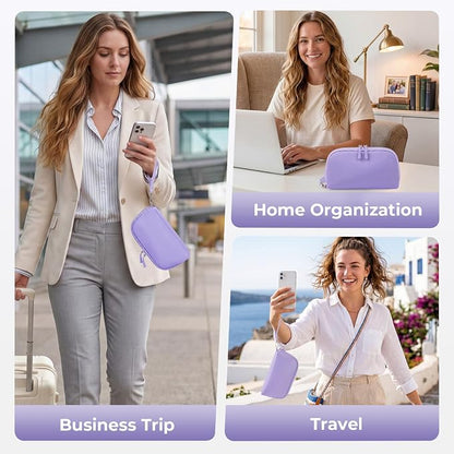FYY Travel Cable Organizer - 8 Compartments, Lightweight, Water Repellent | With Wrist Strap, Portable Tech Pouch for Cord Charger, Travel and Business Trips Use, Soft Shell Nylon, Purple (Small)