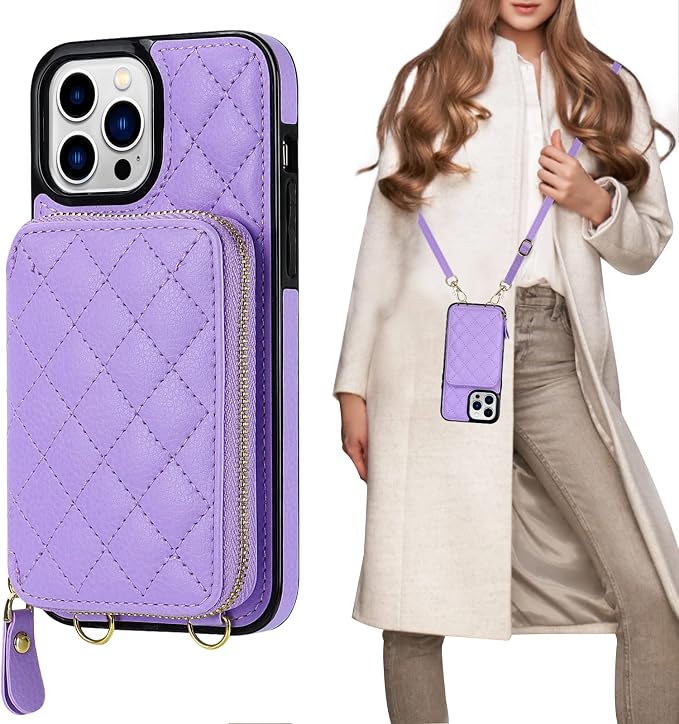Bocasal Crossbody Wallet Case for iPhone 13 Pro Max, RFID Blocking PU Leather Zipper Handbag Purse Flip Cover, Kickstand Folio Case with Card Slots Holder Wrist Strap Lanyard 5G 6.7 Inch (Purple)