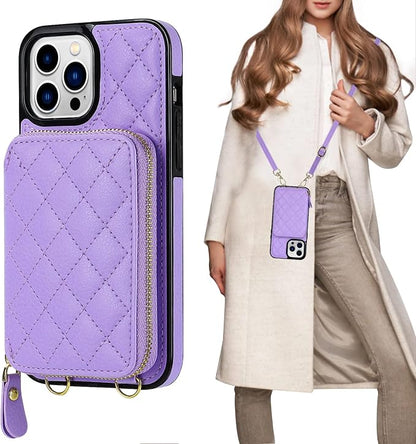 Bocasal Crossbody Wallet Case for iPhone 13 Pro Max, RFID Blocking PU Leather Zipper Handbag Purse Flip Cover, Kickstand Folio Case with Card Slots Holder Wrist Strap Lanyard 5G 6.7 Inch (Purple)