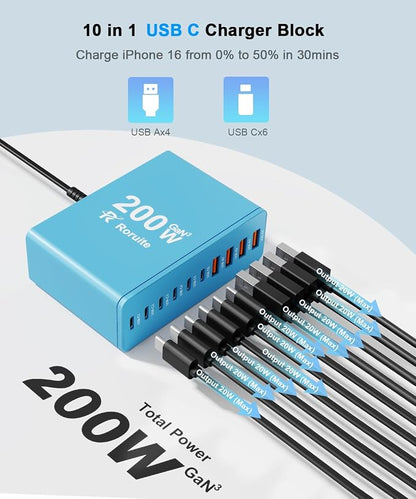 USB C Charging Station 10 Port with 4 Cables,200W GaN Type C Charger Block | Wall Charger Power Strip Adapter Plug for iPad iPhone17 16 15 14 13 12 Pro Max Pixel Note Galaxy Blue