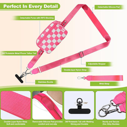 YFWE Clip and Go Strap for Phone with Wallet Crossbody, Adjustable Phone Lanyard with Detachable RFID Wristlet Wallet, Phone Strap with Phone Tabs for All Phones, Pink Checkered (L)