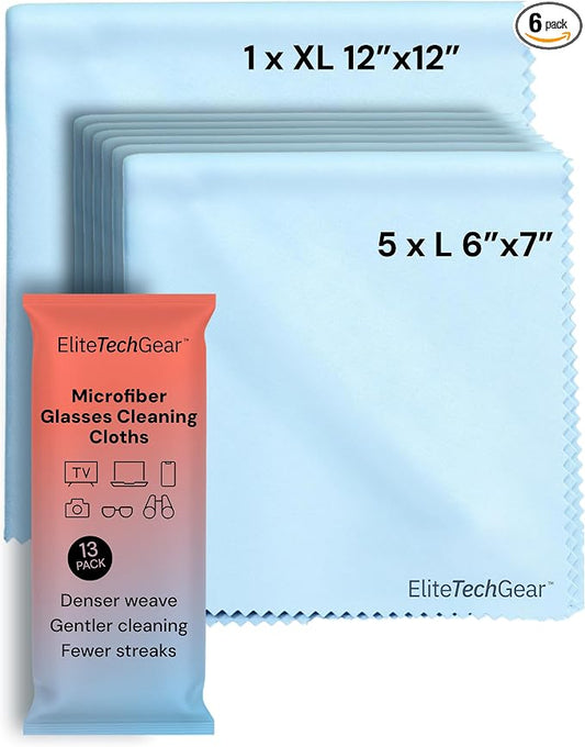 Elite Screens 6-Pack Microfiber Cleaning Cloths - 5-pc 6"×7" & 1-pc 12"×12", Light Blue - Streak-Free Glasses Wipes - Travel-Ready Eyeglass Cleaning Wipes - Oversized Reusable Lens Care Cloths