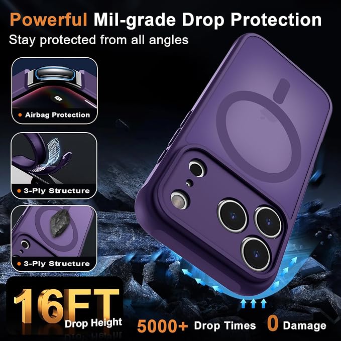 MOCCA Magnetic for iPhone 17 Pro Case, (Compatible with Magsafe) (16FT Military Grade Protection) Full Camera Protection Anti-Fingerprint Slim Translucent Matte Phone Cover 6.3",Deep Purple