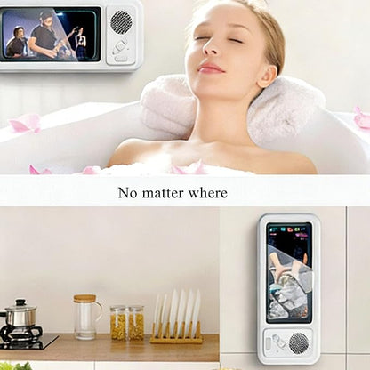 Shower Phone Holder with Wireless Bluetooth Speaker,Waterproof, Secure Attachment for Any Phone, Hands-Free Bathroom Entertainment, Play Music and Take Calls