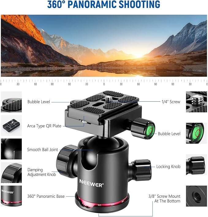 NEEWER Upgraded 80.7" Carbon Fiber Camera Tripod Monopod with Telescopic 2 Section Center Axes, 360° Panorama Ballhead, 1/4" Arca Type QR Plate, Travel Tripod with ø28mm Column, Max Load 26.5lb, N55CR