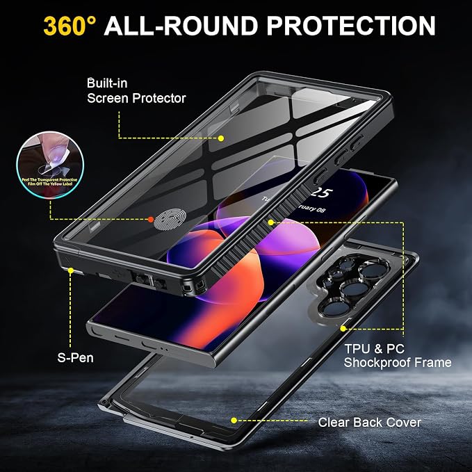 ANTSHARE for Samsung Galaxy S24 Ultra Case Waterproof, Built-in Lens & Screen Protector 360° Full Body Heavy Duty Protective Shockproof IP68 Underwater Case for Galaxy S24 Ultra(2024) 5G-Black