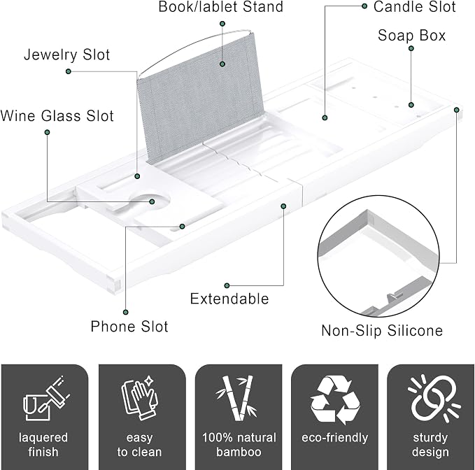 Foldable Bathtub Caddy Tray for Tub,Bamboo Expandable Bath Table Trays,Premium Bathroom Accessories for New Home & Mothers Day & Birthday Gifts for Couples,White
