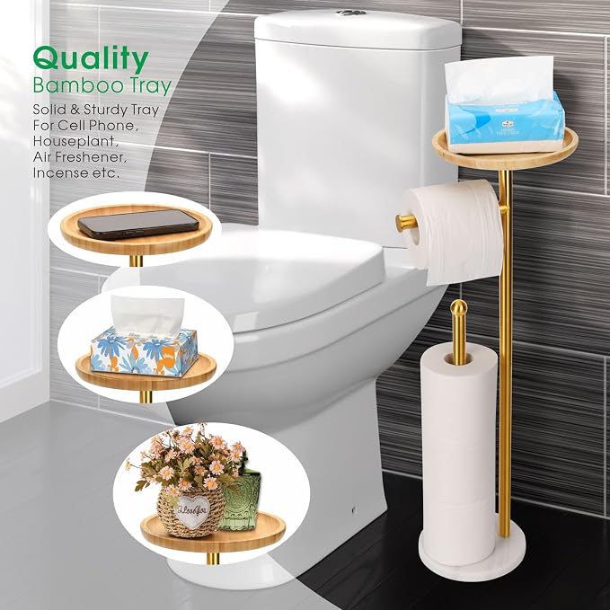 Standing Toilet Paper Holder Gold with 7.9" Big Tray, 2.2Lbs Heavier Marble Base, Freestanding Paper Holder Stand with Phone Shelf, Holds 5 Paper Rolls (Gold)