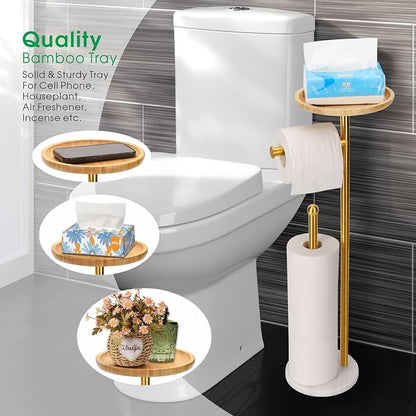 Standing Toilet Paper Holder Gold with 7.9" Big Tray, 2.2Lbs Heavier Marble Base, Freestanding Paper Holder Stand with Phone Shelf, Holds 5 Paper Rolls (Gold)