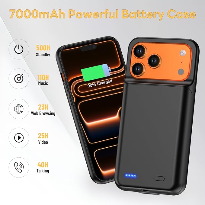 Battery Case for iPhone 17 Pro Max (6.9 inch), 7000mAh Ultra-Slim Protective Extended Charging Charger Case, 15W Fast Charging Rechargeable Battery Pack with Tempered Glass Screen Protector- Black