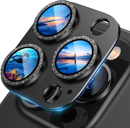 UniqueMe for iPhone 13 Pro/iPhone 13 Pro Max Camera Lens Protector, [Strong Drop Protection] Metal Ring Tempered Glass Rear Camera Screen Cover - Bling Cicrle, Black