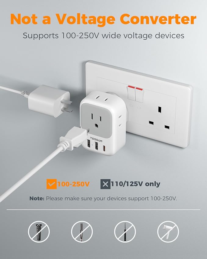 Type G Adapter for Travel 3 Pack, TESSAN US to UK Plug Adapter with 4 Outlets 3 USB Ports (1 USB C 20W), Ireland Power Adaptor for USA to England London Scotland Dubai Singapore Hong Kong British UAE
