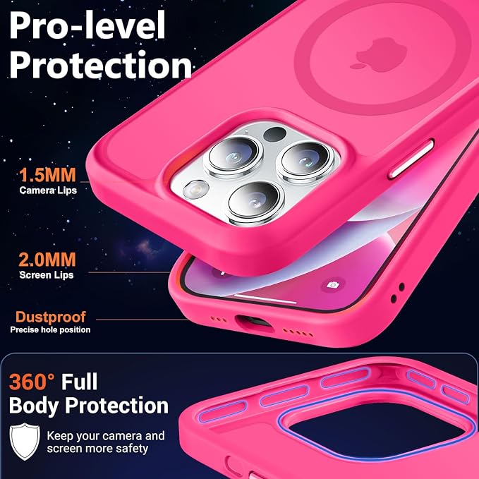 MOCCA Strong Magnetic for iPhone 14 Pro Case, [Compatible with Magsafe][13FT Military Drop Protection] Slim Translucent Matte Shockproof Case for iPhone 14 Pro Phone Case 6.1'', Hot Pink
