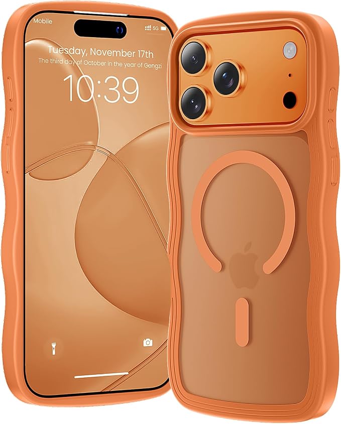 for iPhone 17 Pro Max Case Cute Orange,Fits MagSafe,Matte Skin Feeling Back,Curly Wave Edge,Slim & Durable & Stylish,Cover Military-Grade Protection