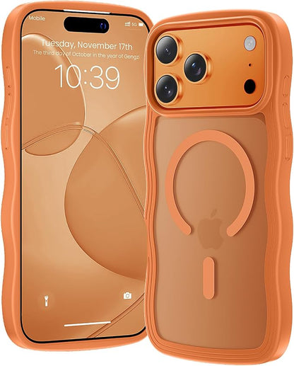 for iPhone 17 Pro Max Case Cute Orange,Fits MagSafe,Matte Skin Feeling Back,Curly Wave Edge,Slim & Durable & Stylish,Cover Military-Grade Protection