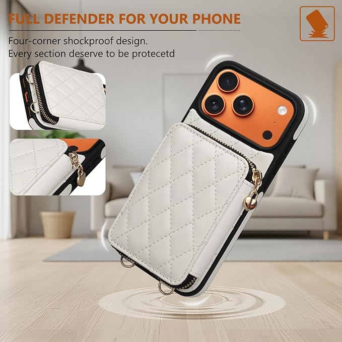 Keallce Case for iPhone 17 Pro Max 6.9'' Wallet Case, Crossbody Zipper Purse with RFID Blocking Card Slots Kickstand, Lanyard & Handstrap Flip Leather Cover for iPhone 17 Pro Max, Beige