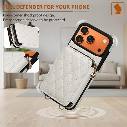 Keallce Case for iPhone 17 Pro Max 6.9'' Wallet Case, Crossbody Zipper Purse with RFID Blocking Card Slots Kickstand, Lanyard & Handstrap Flip Leather Cover for iPhone 17 Pro Max, Beige
