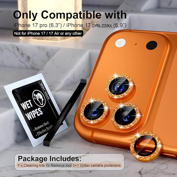 Choiche Compatible for iPhone 17 Pro/iPhone 17 Pro Max Camera Lens Protector Bling, 9H Tempered Glass Camera Cover Screen Protector Metal Ring Decoration Accessories (Glitter-Orange)