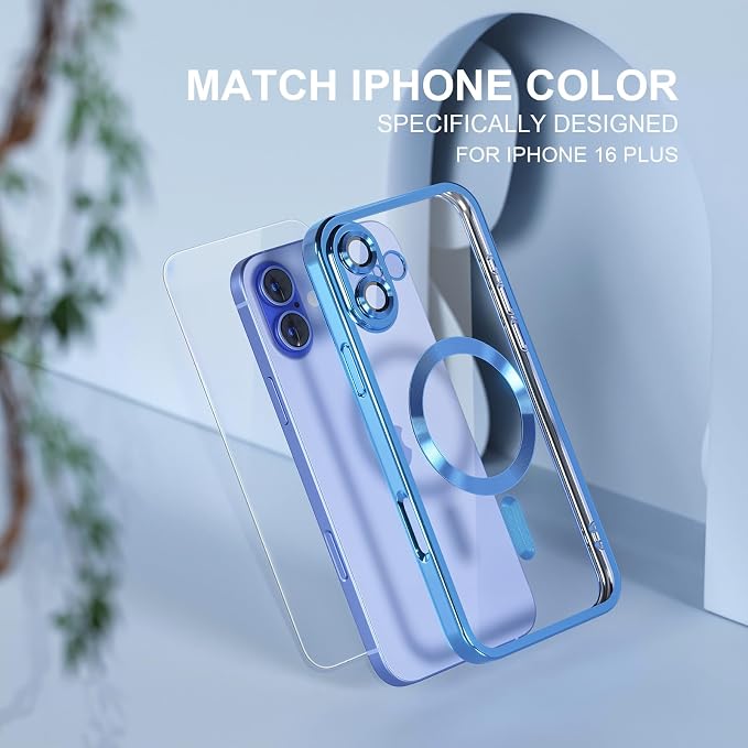 Misea Magnetic for iPhone 16 Plus Case Compatible with MagSafe [Never Yellowing] [Military Grade Drop Protection] Full Camera Lens Protector Plating Soft Clear Phone Case for Women 6.7", Sierra Blue