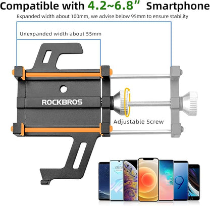 ROCKBROS Bike Phone Holder, Motorcycle Phone Mount, Anti-Shake Cell Phone Holder, 360° Adjustable for iPhone 16, 15 Pro Max/Plus, S9, S10 and More 4.7" to 7" Smartphones，Orange
